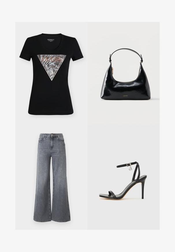Μαύρο εφαρμοστό κοντομάνικο T-shirt Guess με μεταλλικό ασημί και μπρονζέ τρίγωνο λογότυπο με ρίγες ζέβρας και το κείμενο "Guess U.S.A."; Τζιν με φαρδιά παντελόνια σε ξεθωριασμένη γκρι denim απόχρωση. Διαθέτει πέντε τσέπες, κλείσιμο με κουμπιά μπροστά και ψηλή μέση με διακριτική υφή.; Μαύρο σανδάλι με ψηλό τακούνι, στενό λουράκι στον αστράγαλο, τετράγωνη μύτη, υλικό από λείο δέρμα και μεταλλικό διακοσμητικό πόρπη.; Μαύρη γυαλιστερή τσάντα Calvin Klein με χρυστό φερμουάρ και κοντό λουρί σε απλό λευκό φόντο.