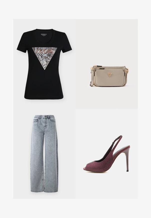 Sort tætsiddende Guess T-shirt med korte ærmer og et metallisk sølv og bronze trekantslogo med zebra-striber og teksten "Guess U.S.A."; Lysvasket denim brede bukser med høj talje, der har forlommer, bæltestropper og kontrastsyninger.; Bourgognefarvet højhælet slingback-sko med åben tå, dækket af små rhinsten, på en ren hvid baggrund.; Beige syntetisk crossbody-taske med guldfarvet hardware, to lynlåslommer, kæderem og trekantet logo. Kompakt og slankt design.