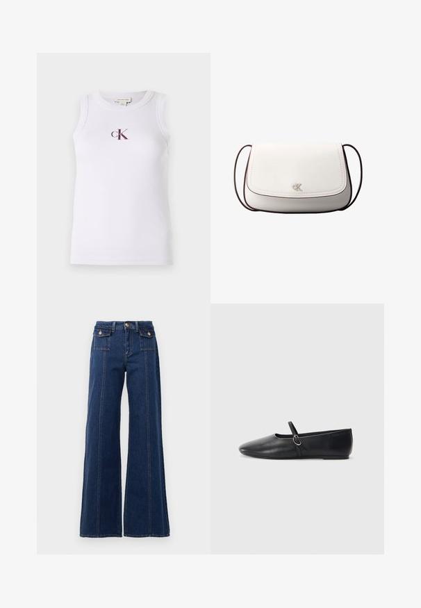 Witte geribbelde tanktop met een ronde halslijn en een klein bordeauxrood "ck" logo in het midden aan de voorkant. Gladde textuur, aangesloten model.; Donkerblauwe wijde jeans van denim. Bevat vier zakken, grote stikdetails en een hoge tailleontwerp. Klassieke knoopsluiting.; Zwarte leren balletschoenen met een spitse neus, platte zool en een kleine strap met een zilveren gespsluiting.; Witte schoudertas met klepsluiting, klein zilveren "cK"-logo in het midden en dunne donkerbruine verstelbare band.