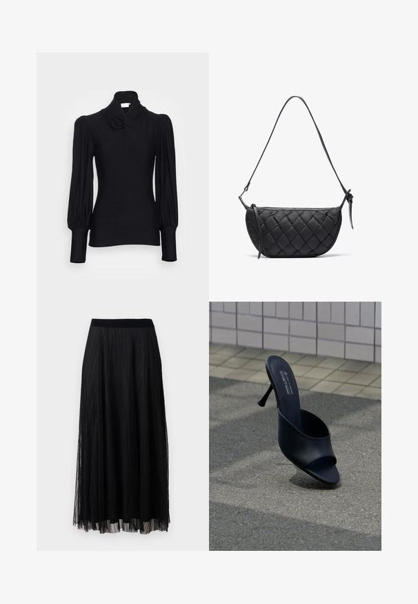 Haut noir à manches longues avec un col montant, présentant des épaules froncées et des manches ajustées. Fabriqué dans un matériau doux et extensible.; Jupe maxi plissée noire avec un design texturé, dotée d'une ceinture lisse et d'un tissu superposé transparent pour une silhouette fluide.; Mule noire à bout ouvert avec un talon haut et fin, posée sur de l'asphalte près d'un mur carrelé de beige, avec un texte imprimé sur la semelle intérieure indiquant la marque et le matériau vegan.; Sac à main noir matelassé avec une forme courbée, doté d'une fine bandoulière et d'une fermeture éclair. Fabriqué en matériau doux et texturé.