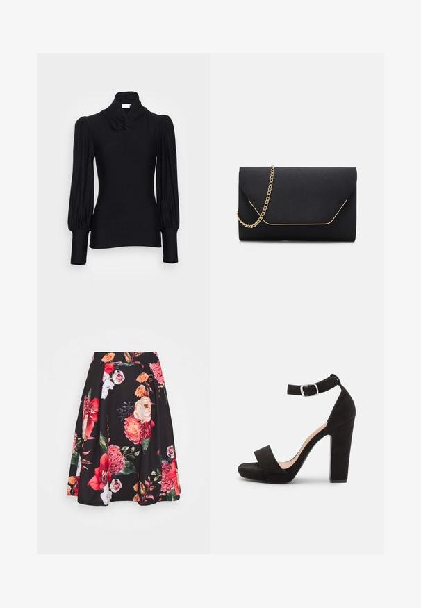 Haut noir à manches longues avec un col montant, présentant des épaules froncées et des manches ajustées. Fabriqué dans un matériau doux et extensible.; Jupe noire avec imprimé floral comportant des fleurs rouges et roses. Design plissé, tissu doux et taille élastique.; Anna Field by Zalando Sandales - black; Pochette noire au toucher lisse, dotée d'une chaîne en or et d'une fermeture à rabat géométrique rehaussée de doré.