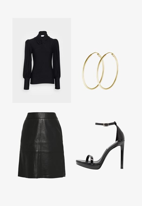 Haut noir à manches longues avec un col montant, présentant des épaules froncées et des manches ajustées. Fabriqué dans un matériau doux et extensible.; Jupe trapèze en similicuir noir avec taille haute et coutures apparentes à l'avant et près de l'ourlet.; Steve Madden MILANO - Sandales à talons hauts - black; Boucles d'oreilles en or en forme de cerceau, présentant un design lisse et rond avec une finition brillante. Construction légère avec un fermoir sécurisé.