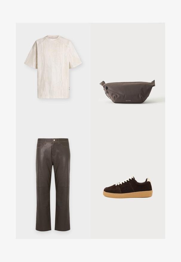 Chemise à manches courtes, couleur crème blanc cassé, avec une texture subtilement brillante et un petit logo sur la poitrine, présentée sur un fond uni.; Pantalon droit en cuir marron foncé avec bouton frontal, fermeture éclair, passants pour ceinture et détails de couture contrastants.; Baskets en daim marron foncé avec lacets blancs, languette beige au talon et semelle en caoutchouc marron clair vues de côté sur un fond uni.; Sac banane en tissu marron foncé avec poche zippée en diagonale et petit logo blanc sur le devant, sur un fond clair uni.