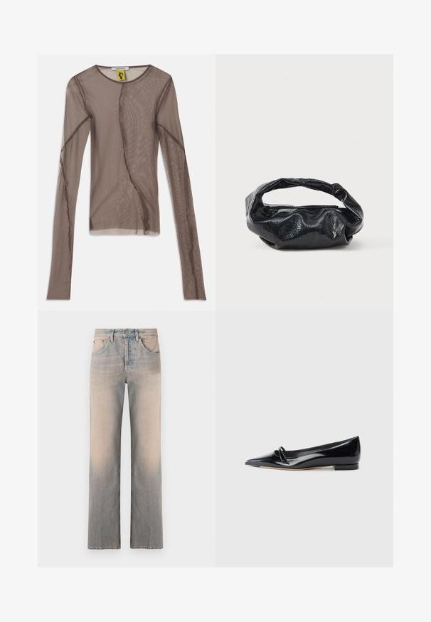 Top largo de manga larga de malla marrón con una textura translúcida, escote redondeado y costuras asimétricas para añadir un detalle de diseño.; Jeans de mezclilla azul claro con un diseño de pierna recta, que cuentan con bolsillos frontales, un ligero desgaste y una cintura estándar con un botón de metal.; Zapato plano de charol negro con punta afilada, pequeña tira decorativa y tacón bajo. Textura suave y diseño elegante.; Bolso negro hecho de un material brillante y texturizado con un asa circular retorcida y un cierre de cremallera. Presenta un diseño suave y arrugado.
