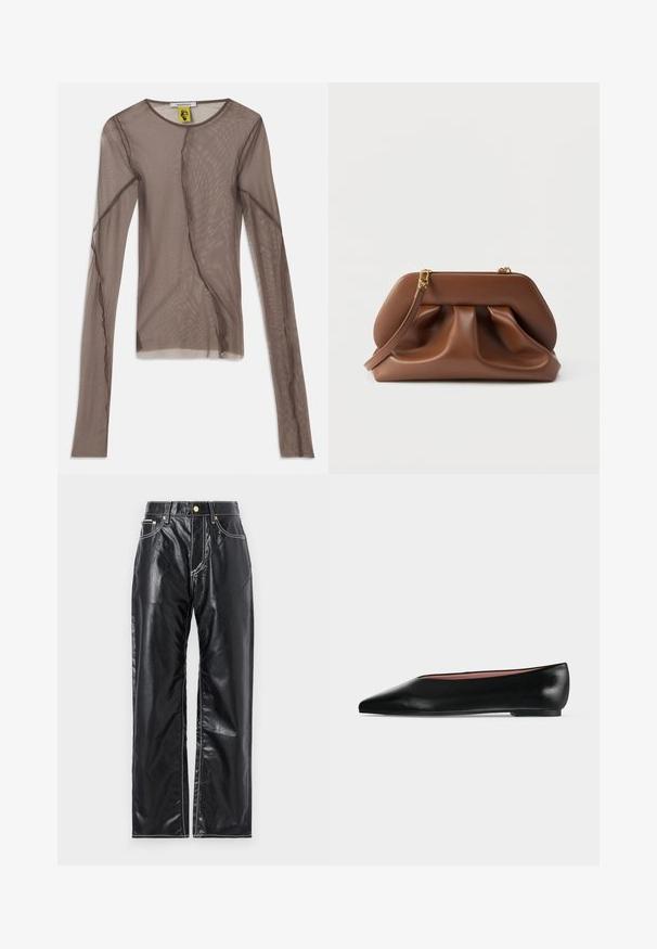Braunes Netzoberteil mit langen Ärmeln, das einen transparenten Stoff, einen runden Ausschnitt und asymmetrische Nähte für zusätzliche Designdetails aufweist.; Schwarze Kunstlederhosen mit weitem Schnitt, ausgestattet mit weißen Nähten, frontalen Taschen und einem goldenen Knopf am Bund.; Schwarzer flacher Damenleder-Schuh mit spitzer Kappe und niedrigem Absatz, von der Seite auf einfarbigem hellgrauem Hintergrund gezeigt.; Braune Lederclutch mit gerafftem Design, goldfarbenen Beschlägen und abnehmbarem Handgelenkriemen vor weißem Hintergrund.
