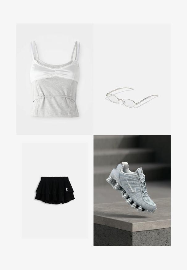 Camisole gris et blanc avec des bretelles réglables, présentant une section supérieur en satin et une section inférieure en coton texturé gris, cintrée à la taille.; Mini-jupe noire à volants avec taille élastique et petit logo blanc sur le côté droit, présentée sur un fond clair uni.; Chaussure de course Nike gris clair avec une semelle amortissante en forme de ressort flottant au-dessus d'un rebord en béton, arrière-plan d'escalier flou.; Lunettes ovales avec une monture métallique argentée, verres transparents et accents de branches texturées avec perles. Design léger avec des branches courbées.