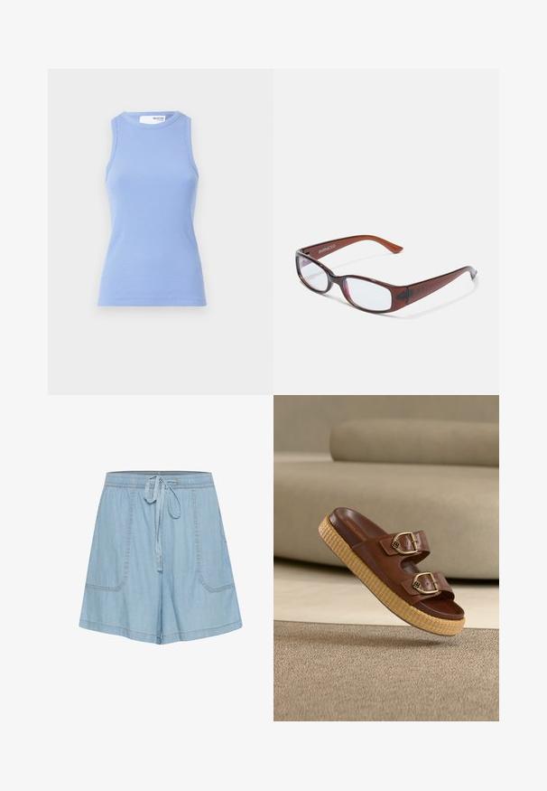 Hele sinine ribaga kampsun, millel on ümmargune kaelus ja ilma varrukateta. Omab kehakujulist siluetti ja sileda tekstuuri.; Heled sinine denim lühikesed püksid elastse vöökoha, nööri detaili, kahe esiosa tasku ja tikanditega aktsentidega.; Pruun nahast liugjas sandaal kahe kuldse pandlaga ja paksu punutud platvormkontsaga, beeži vaiba ja diivani taustal.; Pruunide toonidega ristkülikukujulised prillid, millel on läikiv viimistlus, peeneid oksi ja läbipaistvad läätsed. Logo on nähtav vasakul templi osal.