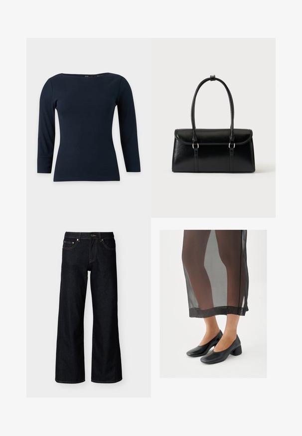 Marineblauw, aansluitend topje met lange mouwen, boothals en een eenvoudige, gladde stoftextuur op een effen achtergrond.; Donkerblauwe wijde jeans met knopen aan de voorkant, rits en vijfzakkenontwerp op een effen lichte achtergrond.; Zwarte schoenen met blokhak en een gladde leren afwerking, gedragen met een doorschijnende zwarte rok met een nette zoom en minimalistisch ontwerp.; Zwarte leren rechthoekige handtas met klep en twee lange handvatten tegen een effen witte achtergrond.