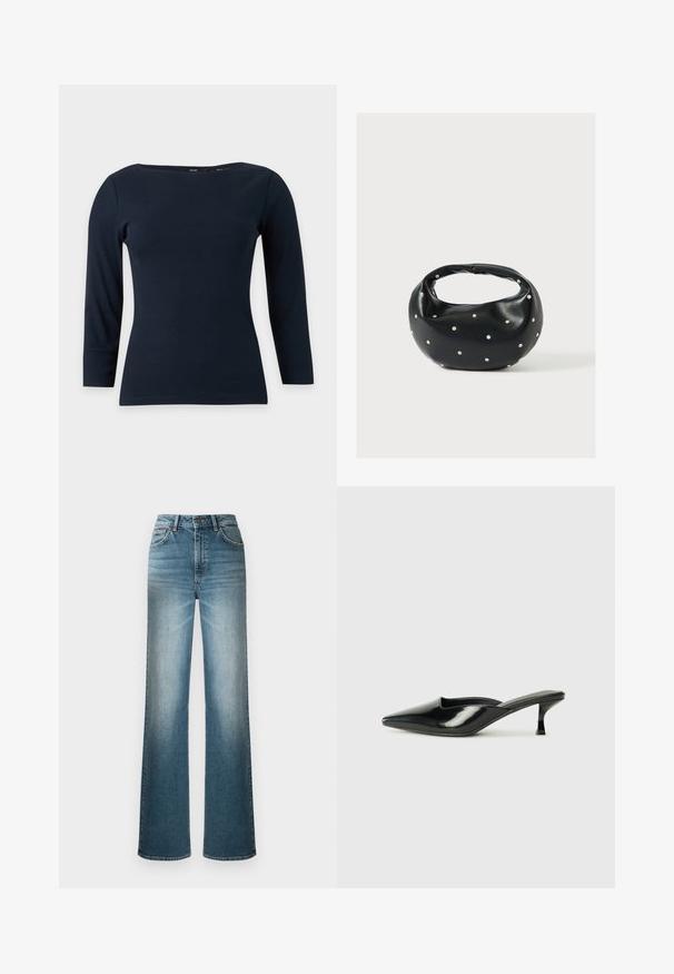 Marineblaues, langärmeliges, figurbetontes Top mit Bootsausschnitt und einfacher, glatter Stoffstruktur auf einfarbigem Hintergrund.; Helle blaue weite Jeans aus Denim. Mit hoher Taille, Fünf-Taschen-Design und einem Verblassungseffekt von oben nach unten.; Schwarze Lackleder-Mules mit spitzem Zeh, niedrigem Kitten-Heel und geschwungenen Seiten, die ein glänzendes Finish und ein minimalistisches Design aufweisen.; Schwarze Lederhandtasche mit abgerundeter Form, verziert mit silbernen Nietenakzenten und kurzem Griff. Glatte Struktur und Reißverschlussverschluss.