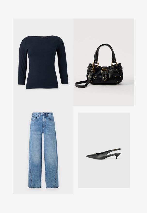 Navyblå langærmet tætsiddende top med bådudskæring og enkel, glat stofstruktur på ensfarvet baggrund.; Højtaljede, lyseblå, brede denim jeans med forlommer, bælteløkker, knaplukning og synlige sømdetaljer.; Sorte spidse slingback-sko lavet af glat læder. Har en tynd hæl og en spænde detalje på den justerbare rem.; Sort læderhåndtaske med guldbælge og nitdetaljer, korte håndtag og en justerbar skulderrem på en ensfarvet hvid baggrund.