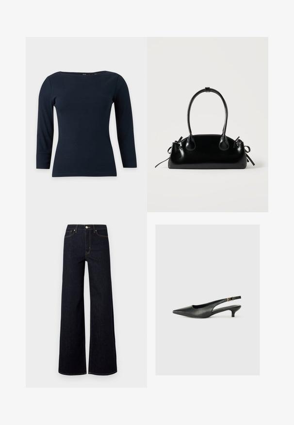 Marineblauw, aansluitend topje met lange mouwen, boothals en een eenvoudige, gladde stoftextuur op een effen achtergrond.; Donkerblauwe wijde jeans van denim, met een hoge taille, contrasterende stiksels en een enkele metalen knoop aan de voorkant.; Zwarte puntschoen met slingback van soepel leer. Kenmerkt zich door een dunne hak en een gespdetail op de verstelbare band.; Kleine zwarte glanzende handtas met twee lange hengsels en zijkant trekkoord details op een effen lichte achtergrond.