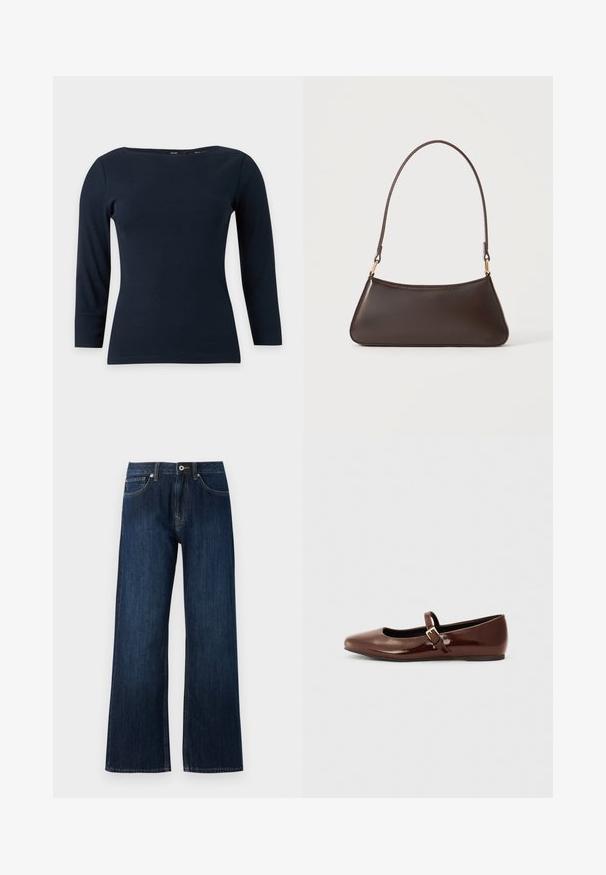 Navyblå langærmet tætsiddende top med bådudskæring og enkel, glat stofstruktur på ensfarvet baggrund.; Bredde ben mørkeblå jeans lavet af denim, med lynlås og knaplukning, samt to forreste lommer med kontrasterende syninger.; Brun patentlæder balletflade med firkantet tå og strop med en lille guldbuckle. Glat tekstur, lav hæl og minimalistisk design.; Mørkebrun læderhåndtaske med en buet toplynlås og en tynd skulderrem med guldfarvede låse på en ensfarvet baggrund.