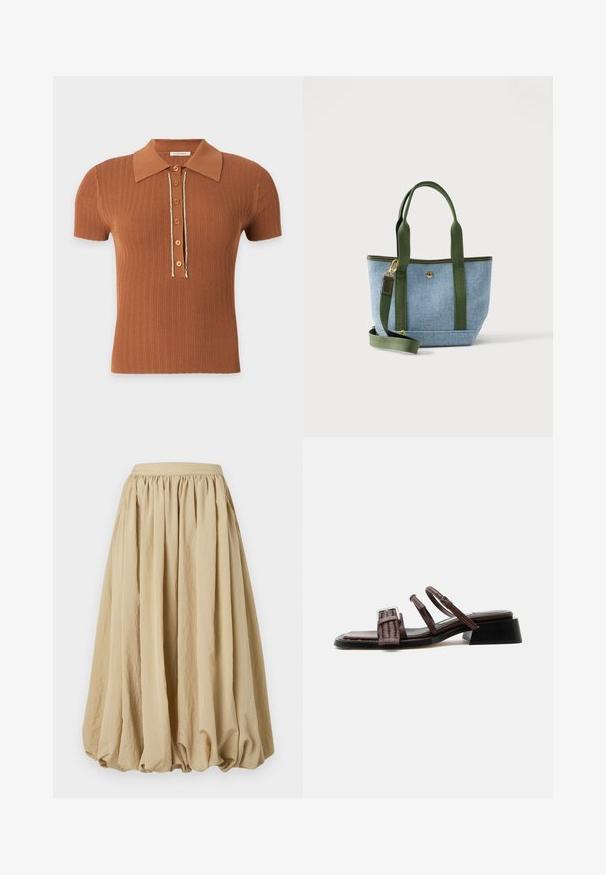 Kortebrune ribgebreide polo met kraag en zes knopen aan de voorkant, omlijnd met een dunne witte bies.; Beige midi-rok met een geplooid taillegedeelte, vloeiende stof en volumineuze vorm, met een gestructureerd oppervlak en subtiele kreukdetails.; Bruine leren sandaal met geweven voorriem, twee smalle enkelriempjes met gesp, lage blokhak en vierkante teen.; Lichtblauwe stoffen boodschappentas met donkergroene handvatten en afneembare schouderriem, gouden sluiting en klein voorvak.