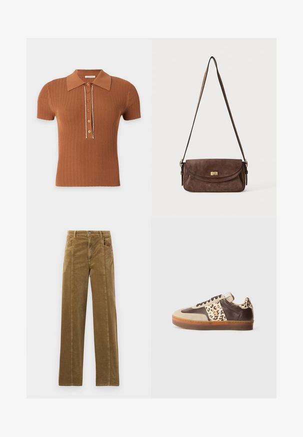 Polo marrón de punto acanalado de manga corta con cuello y seis botones frontales delineados con un fino ribete blanco.; Pantalones de pana marrones con un diseño de pierna recta, que presentan bolsillos frontales y costuras visibles a lo largo de las uniones. Tejido texturizado con ribetes estrechos.; Zapatillas de cuero con una combinación de colores en tonos marrón y beige, con un acento de estampado de leopardo en el lateral y una suela de goma texturizada.; Bolso de hombro de ante marrón con una larga correa ajustable y un cierre giratorio dorado en la solapa frontal.
