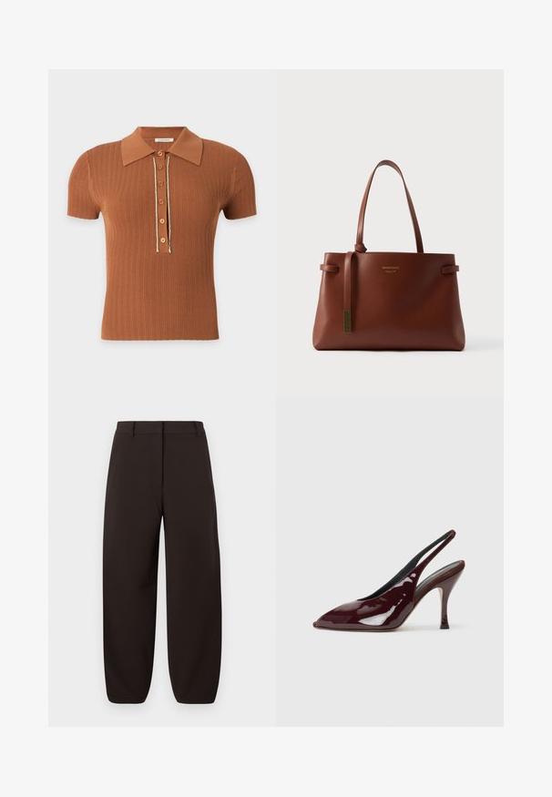 Polo marron en maille côtelée à manches courtes, avec col et six boutons devant bordés d'un fin liseré blanc.; Pantalons larges marron foncé en tissu lisse avec une taille plate, passants de ceinture et chevilles cintrées. Pas de motifs ni de éléments en métal visibles.; NEOUS HAMAL - Escarpins à talons hauts - dark chocolate; Sac fourre-tout en cuir marron avec deux longues anses, une forme rectangulaire élégante et un petit pompon décoratif. Présente des détails subtils du logo.