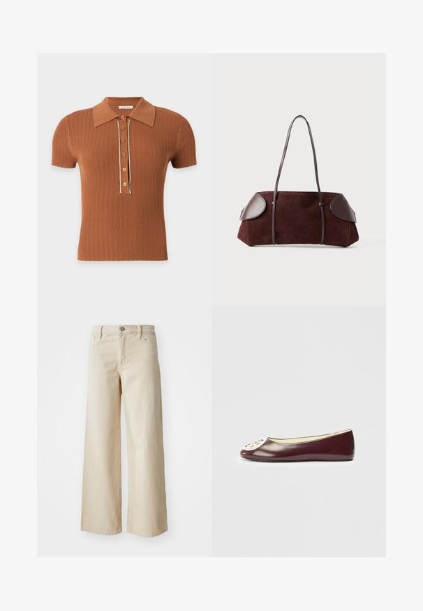 Polo marron en maille côtelée à manches courtes, avec col et six boutons devant bordés d'un fin liseré blanc.; Jean large beige en denim, avec une taille haute, fermeture à bouton, passants de ceinture et poches latérales. Texture lisse et coupe décontractée.; Ballerines en vernis bourgogne avec un embout rond, présentant un emblème doré sur le bout, une texture lisse et un design à profil bas.; Sac en daim marron avec des accents en cuir, forme structurée, double poignées, bords arrondis, présentant une texture lisse et un matériel minimal.