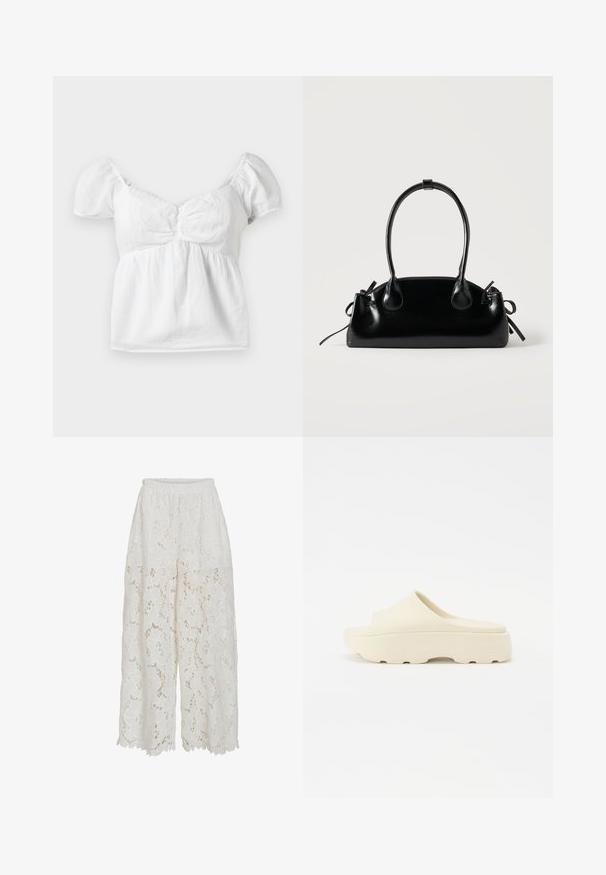 Blusa blanca de algodón con mangas abullonadas y un cuerpo fruncido, y un escote curvado. Textura suave y acabado liso con un dobladillo fluido.; Culottes de encaje blanco con un patrón floral, cintura elástica y un diseño de pierna ancha. El dobladillo tiene un borde con forma de ola para un detalle adicional.; Sandalia beige sin correa con una superficie lisa similar al caucho, puntera redondeada, suela gruesa y fondo texturizado para un mejor agarre. Diseño minimalista.; Pequeño bolso negro brillante con dos asas largas y detalles de cordón lateral sobre un fondo claro liso.