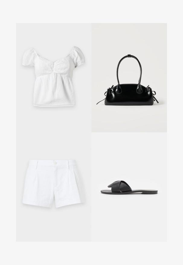 Blouse blanche en coton à manches bouffantes, avec un corps smocké et un décolleté arrondi. Texture douce et finition lisse avec un ourlet fluide.; Shorts en lin blanc avec des plis, une fermeture à bouton et des poches latérales. Présente une coupe ajustée et une texture lisse.; Sandale noire à enfiler avec des brides croisées. Fabriquée en cuir lisse avec une semelle plate et des coutures minimales. Design simple, à bout ouvert.; Petit sac à main noir brillant avec deux longues anses et des détails à cordon sur les côtés sur un fond clair uni.