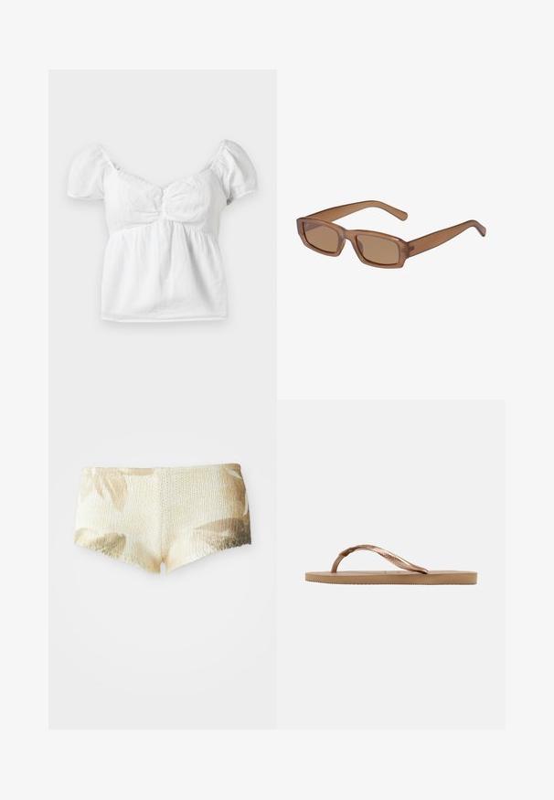 Άσπρο βαμβακερό μπλούζα με π puff-sleeβες και gathered bodice και καμπυλωτό λαιμό. Μαλακή υφή και λεία φινίρισμα με ροή στο τελείωμα.; Πλεκτές σορτσάκια σε ανοιχτό μπεζ απόχρωση με λουλουδάτο σχέδιο. Διαθέτουν υφαντή επιφάνεια και οδοντωτό τελείωμα. Μαλακό και ελαφρύ ύφασμα.; Μονό μπεζ σαγιονάρι με υφή στην σόλα και μεταλλικό ροζ χρυσό λουράκι σε σχήμα Υ, σε πλάγια όψη σε απλό φόντο.; Καφέ, ορθογώνια γυαλιά ηλίου με διαφανή σκελετό, λεπτούς βραχίονες και φιμέ φακούς, με λεία υφή και σύγχρονο σχεδιασμό.