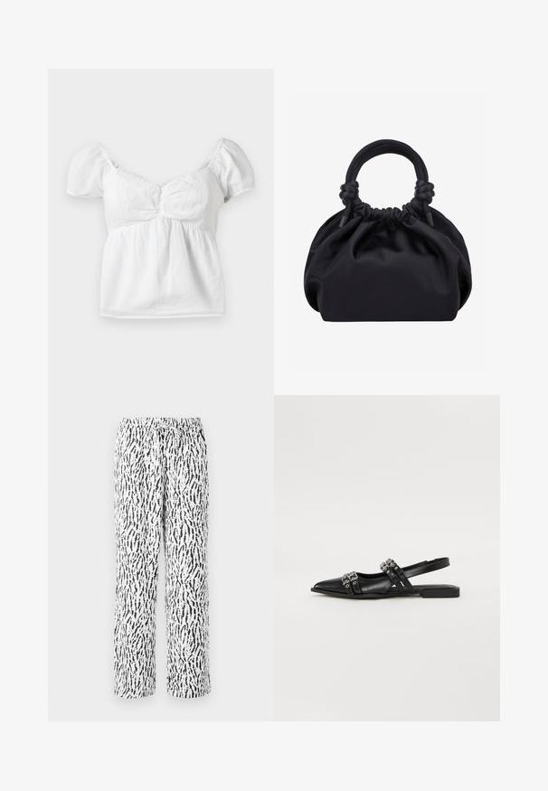 Άσπρο βαμβακερό μπλούζα με π puff-sleeβες και gathered bodice και καμπυλωτό λαιμό. Μαλακή υφή και λεία φινίρισμα με ροή στο τελείωμα.; Μαύρο και λευκό παντελόνι με σχέδιο, με ελαστική μέση και κορδόνι, διαθέτοντας χαλαρή, ίσια γραμμή και απαλό ύφασμα.; Even&Odd by Zalando Μπαλαρίνες με λουράκι στον αστράγαλο - black; Μαύρη μαλακή τσάντα από ύφασμα με ραμμένο πάνω μέρος και κυκλικές επενδεδυμένες λαβές δεμένες με κόμπους σε κάθε πλευρά.