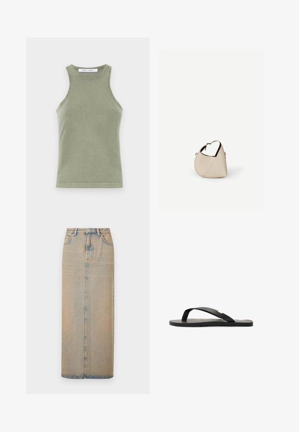 Olivengrøn tanktop lavet af blødt bomuld, med rund halsudskæring, ærmeløs design og syede kanter. Enkel, tætsiddende form.; En lang denimnederdel i lyseblå med lige snit. Har fem lommer, bæltestropper og knaplukning foran. Fadede tekstur over det hele.; Sort flip-flop sandal med flad sål, tekstureret sort indersål, glatte stropper og en lille gul accent nær tåposten.; Beige læder håndtaske i halvmåneform med en enkelt skulderrem og minimal syning, sat mod en ensartet hvid baggrund.