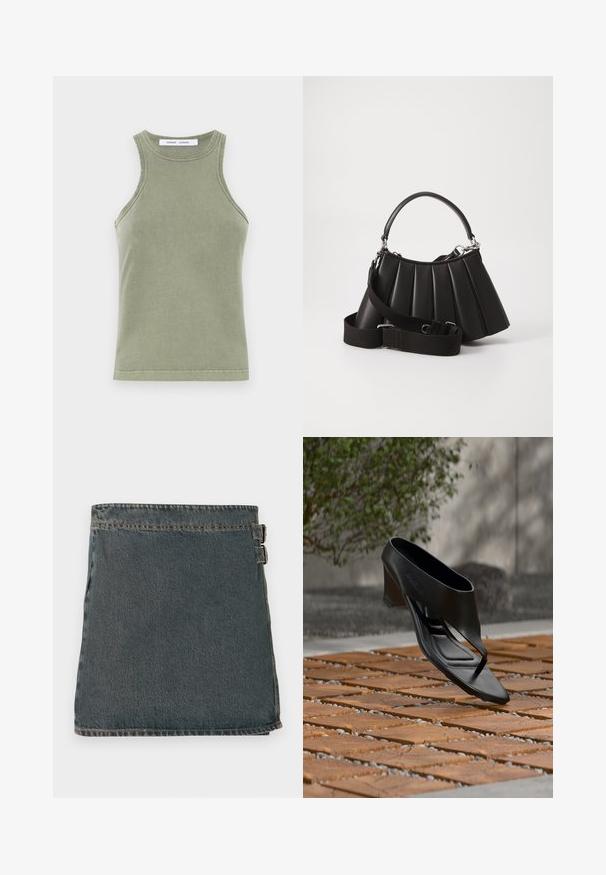 Débardeur vert olive en coton doux, avec un col rond, sans manches et des bords cousus. Forme simple et ajustée.; Jupe en denim bleu foncé avec une surface texturée, dotée de deux boucles latérales et d'un ourlet droit. Coutures visibles le long des bords.; Sandale noire à talon haut avec une lanière entre les orteils, flottant au-dessus d'une surface extérieure en bois et gravier à motifs, avec un arrière-plan flou de verdure et un mur.; Sac à main plissé noir avec une poignée arrondie, une bandoulière réglable et une texture brillante. Présente des accessoires en argent et une silhouette structurée.