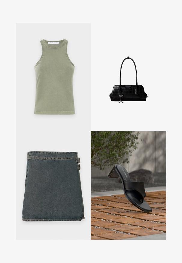 Olivengrøn tanktop lavet af blødt bomuld, med rund halsudskæring, ærmeløs design og syede kanter. Enkel, tætsiddende form.; DEnim indpakket nederdel i mørkeblå med en tekstureret overflade, der har to sidelukninger og en lige kant. Synede sømme er synlige langs kanterne.; Sort Calvin Klein hælet sandal med tå-loop på trægulv udendørs nær et træ og en stenmur.; Sort skuldertaske i krokodillelæder med lange stropper og lille sølvlogo-charm på den ene strop.