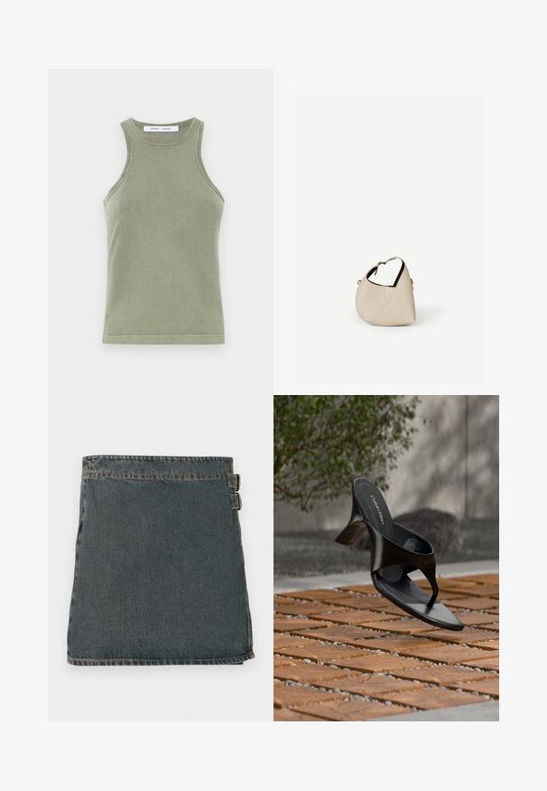 Olivengrøn tanktop lavet af blødt bomuld, med rund halsudskæring, ærmeløs design og syede kanter. Enkel, tætsiddende form.; DEnim indpakket nederdel i mørkeblå med en tekstureret overflade, der har to sidelukninger og en lige kant. Synede sømme er synlige langs kanterne.; Sort Calvin Klein hæl-sandal med åben tå, der svæver over en udendørs flisebelagt overflade med grønne planter og en betonvæg i baggrunden.; Beige læder håndtaske i halvmåneform med en enkelt skulderrem og minimal syning, sat mod en ensartet hvid baggrund.