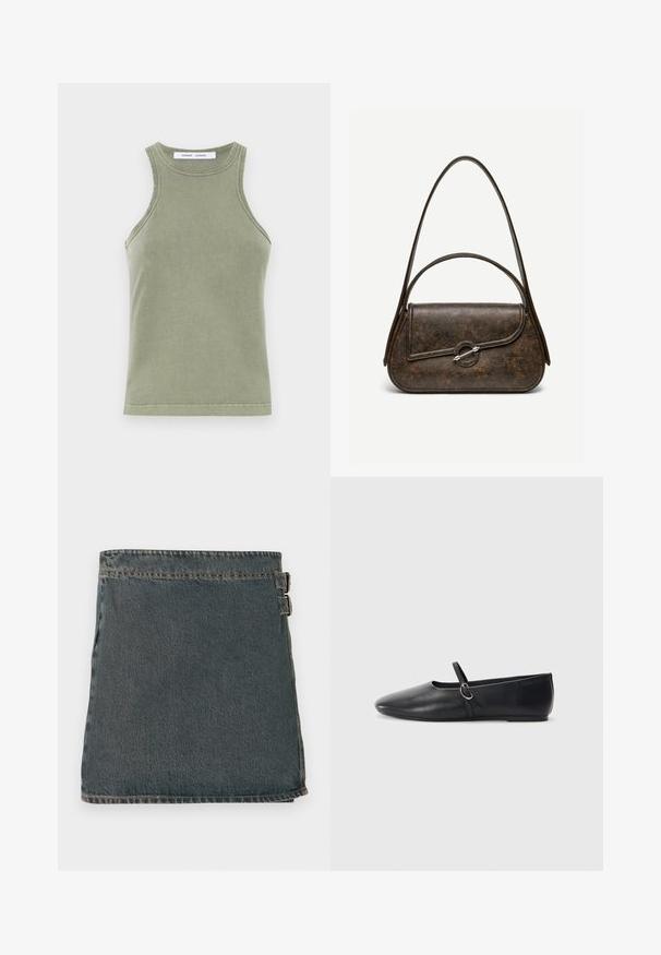 Débardeur vert olive en coton doux, avec un col rond, sans manches et des bords cousus. Forme simple et ajustée.; Jupe en denim bleu foncé avec une surface texturée, dotée de deux boucles latérales et d'un ourlet droit. Coutures visibles le long des bords.; Ballerines noires en cuir avec un bout pointu, une semelle plate et une petite sangle avec un détail de boucle en argent.; Sac à main en cuir brun foncé texturé avec deux anses, forme rectangulaire arrondie, et fermeture à bouton circulaire argenté sur le rabat avant.