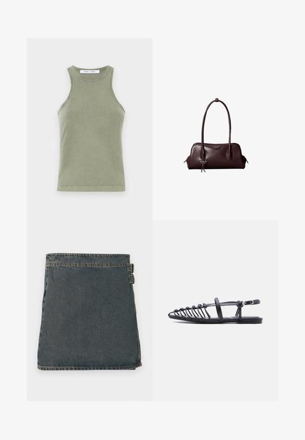Débardeur vert olive en coton doux, avec un col rond, sans manches et des bords cousus. Forme simple et ajustée.; Jupe en denim bleu foncé avec une surface texturée, dotée de deux boucles latérales et d'un ourlet droit. Coutures visibles le long des bords.; Sandale plate noire avec plusieurs fines lanières, bride à boucle à la cheville et design cage à bout ouvert sur fond blanc.; Sac à main en cuir brun foncé Calvin Klein avec de longues poignées doubles et un petit porte-clé logo suspendu à une poignée.