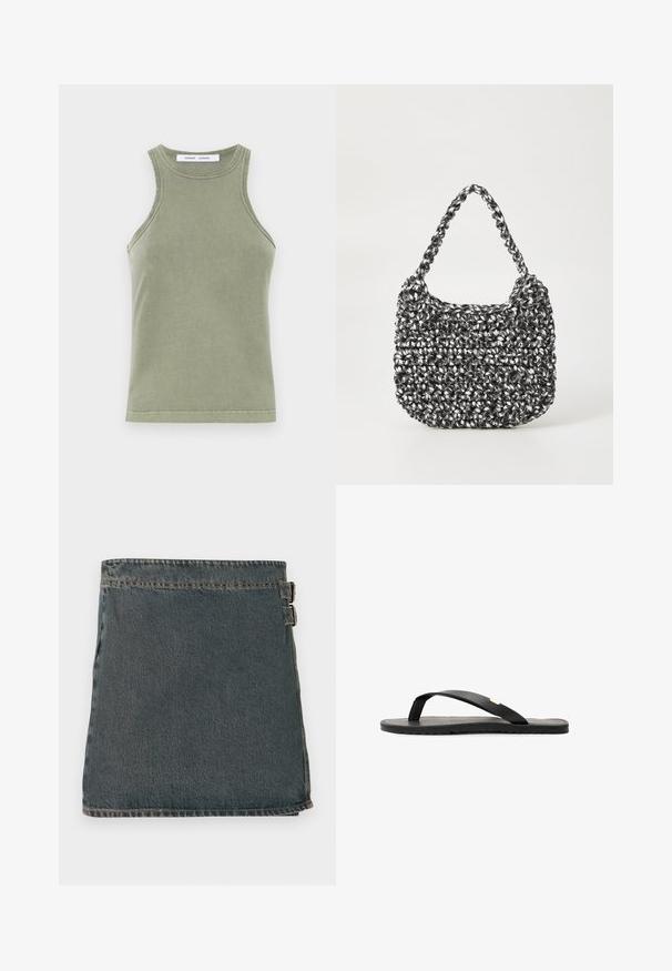 Olivengrøn tanktop lavet af blødt bomuld, med rund halsudskæring, ærmeløs design og syede kanter. Enkel, tætsiddende form.; DEnim indpakket nederdel i mørkeblå med en tekstureret overflade, der har to sidelukninger og en lige kant. Synede sømme er synlige langs kanterne.; Sort flip-flop sandal med flad sål, tekstureret sort indersål, glatte stropper og en lille gul accent nær tåposten.; Vævet håndtaske i sort og hvid med en rund form, tekstureret overflade og et fletet håndtag. Velegnet til afslappet brug.