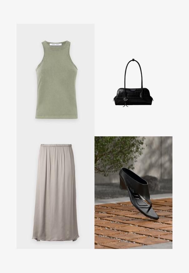 Olivengrøn tanktop lavet af blødt bomuld, med rund halsudskæring, ærmeløs design og syede kanter. Enkel, tætsiddende form.; Lang, beige nederdel lavet af blød, letvægtsstof med elastisk talje, der har et flydende design og en subtil glans.; Sort højhælet sandal med thongsrem, svævende over et mønstret træ- og grusbelagt udendørsareal med sløret grønt område og væg i baggrunden.; Sort skuldertaske i krokodillelæder med lange stropper og lille sølvlogo-charm på den ene strop.