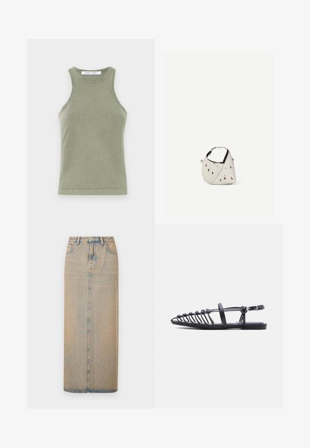 Débardeur vert olive en coton doux, avec un col rond, sans manches et des bords cousus. Forme simple et ajustée.; Une longue jupe en denim bleu clair avec une coupe droite. Comprend cinq poches, des passants de ceinture et un multiplicateur de boutons à l'avant. Texture décolorée sur toute la surface.; Sandale plate noire avec plusieurs fines lanières, bride à boucle à la cheville et design cage à bout ouvert sur fond blanc.; Petit sac à main blanc avec des taches marron, forme triangulaire arrondie, doublure intérieure noire et bandoulière courte réglable avec boucle argentée.