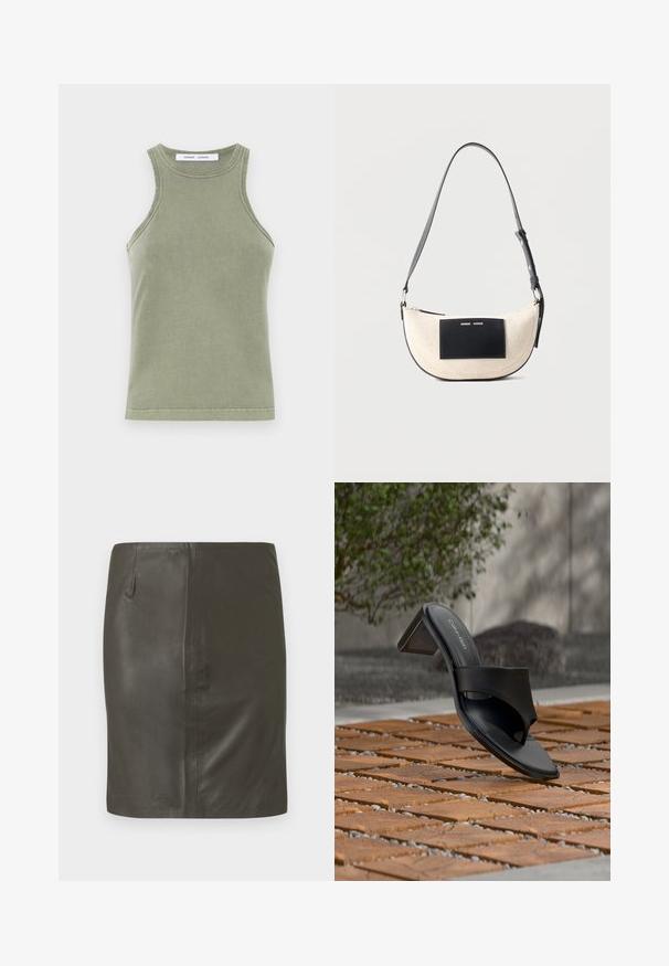 Débardeur vert olive en coton doux, avec un col rond, sans manches et des bords cousus. Forme simple et ajustée.; Jupe en cuir vert foncé avec une texture lisse, coupe ajustée et une poche latérale unique. Design simple sans éléments métalliques visibles ni motifs.; Sandale à talon noire Calvin Klein avec boucle pour l’orteil, posée sur un sol en carreaux de bois en extérieur, près d’un arbre et d’un mur en pierre.; Sac à épaule beige en forme de croissant avec une sangle noire réglable et un patch rectangulaire noir à l'avant avec un petit texte blanc.