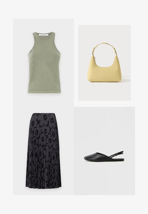 Olijfgroene tanktop van zachte katoen, met een ronde halslijn, mouwloos ontwerp en gestikte randen. Eenvoudige, getailleerde stijl.; Zwarte geplooide rok met een bloempatroon, gemaakt van lichte stof; heeft verticale strepen en een elastische tailleband.; Zwarte leren slingback schoenen met een puntige neus, gebogen ontwerp en verstelbare gesp. Glad textuur, platte zool, minimale details.; Gele leren handtas met een gebogen silhouet, korte verstelbare band en een vak met ritssluiting. Heeft een subtiel logo aan de voorkant.