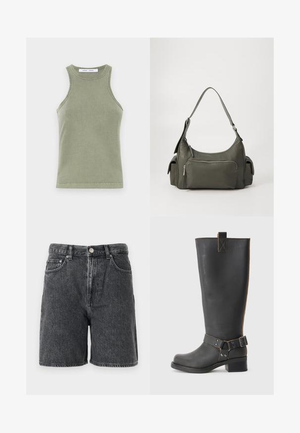 Débardeur vert olive en coton doux, avec un col rond, sans manches et des bords cousus. Forme simple et ajustée.; Shorts en denim noir délavé avec passants de ceinture, bouton avant, fermeture éclair, et design classique à cinq poches.; Bottes noires en cuir, montantes jusqu'au genou, avec une finition texturée, présentant une boucle sur le côté et un talon bas. Couture détaillée le long des coutures.; Sac à épaule en cuir vert avec un design arrondi, poche zippée à l'avant et poches supplémentaires sur les côtés. Texture lisse et matériel minimal.