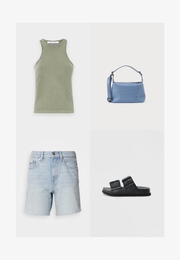 Olivengrøn tanktop lavet af blødt bomuld, med rund halsudskæring, ærmeløs design og syede kanter. Enkel, tætsiddende form.; Lyseblå denimshorts med frynset kant, frontknap- og lynlås, bæltestropper og forlommer.; Sorte klipklappere lavet af tekstureret materiale med to justerbare remme med spænder. Flad sål med et mønstrede dæk for godt greb.; Lyseblå taske med krokodillepræg, kort håndtag og aftagelig skulderrem. Glat tekstur med lynlås.