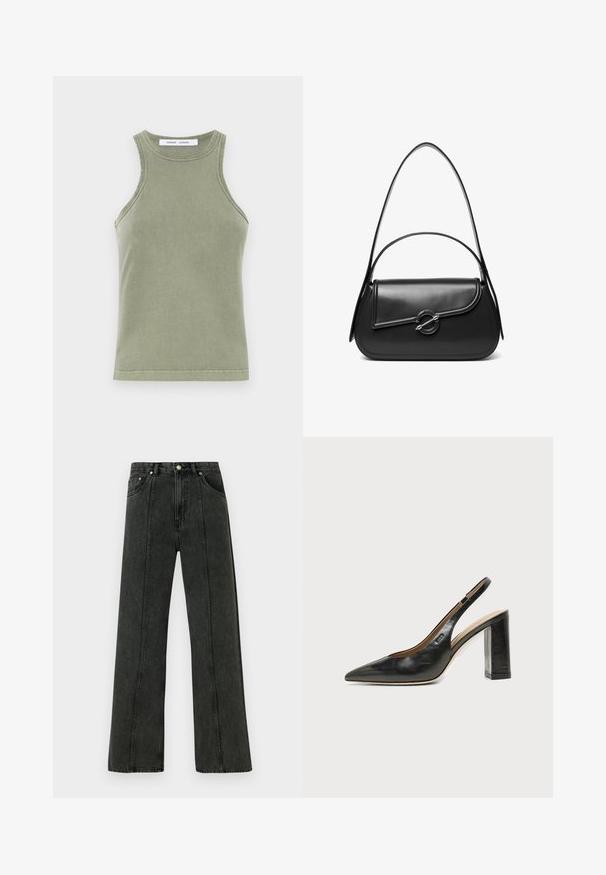 Olivengrøn tanktop lavet af blødt bomuld, med rund halsudskæring, ærmeløs design og syede kanter. Enkel, tætsiddende form.; Højtaljede jeans med vide ben i mørkegråt denim. Har et klassisk fem-lomme-design og synlige syninger langs forreste sømme.; Sort læder peep-toe slingback sko med høj blokhæl og beige indvendig foring mod en ensfarvet lys baggrund.; Sort skuldertaske i læder med en buet klap, der er fastgjort med en rund metal spænde, og en slank, justerbar rem.