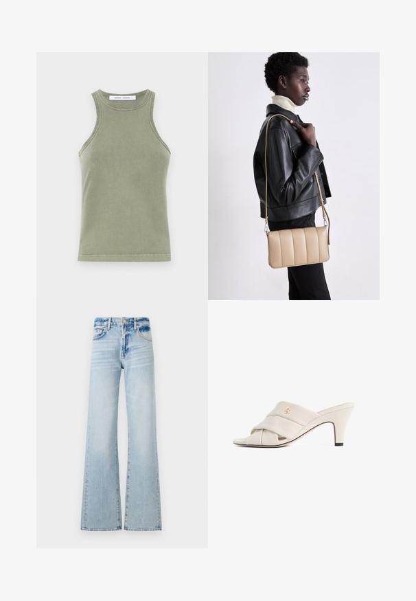 Olivgrünes Tanktop aus weicher Baumwolle, mit Rundhalsausschnitt, ärmellosem Design und genähten Kanten. Schlichte, taillierte Form.; Helle blaue weit geschnittene Jeans aus Denim, mit mittelhohem Bund, fünf Taschen und Kontrastnähten sowie einem verwaschenen Finish.; Beige High-Heeled Mules mit verdrehtem Leder- Riemen-Design, offenen Zehen und geprägt logo Akzent. Die Ferse hat eine schwarze Spitze Detail.; Beige Leder-Crossbody-Tasche mit gestepptem Muster, rechteckiger Form, dünnem Trageriemen und silberner Hardware, getragen von einer Person in einer schwarzen Jacke.