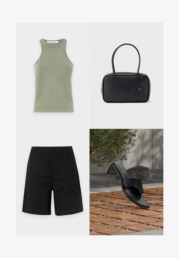 Pea rohelisest pehmest puuvillast tank tops, millel on ümar kaelus, ilma varrukateta disain ja tikkimisega servad. Lihtne, sobiv kuju.; Mustad mustad lühikesed püksid kergest kangast, millel on struktureeritud disain vertikaalsete joontega ja sirge äärega. Taskud pole nähtavad.; Mustad Calvin Kleini kontsadega sandaal varbatsükliga, paikneval puidust plaatpõrandal õues puu ja kivimüüri lähedal.; Must ristkülikukujuline käekott, millel on kaks ümardatud sangad, kuldne tõmblukk ja esiküljel reljeefne "HUGO" logo koos kinnitatud nahkmärgiga.