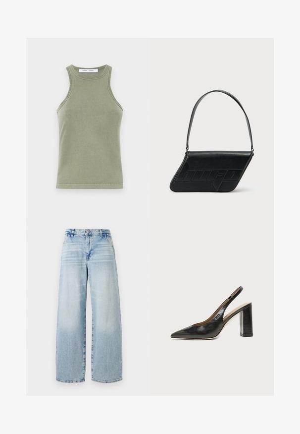 Top sin mangas de color verde oliva, confeccionado en suave algodón, con escote redondo y bordes cosidos. Forma sencilla y ajustada.; Jeans de mezclilla azul claro de pierna ancha con una cintura alta, efecto de desgaste sutil, dobladillo sin terminar y diseño clásico de cinco bolsillos.; Zapato slingback de piel negra con puntera puntiaguda, tacón alto y ancho, y forro interior beige sobre un fondo claro y liso.; Bolso de hombro de cuero negro con forma triangular, logo en relieve y una sola correa ajustable. Diseño minimalista con textura suave.