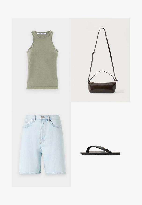 Olivengrøn tanktop lavet af blødt bomuld, med rund halsudskæring, ærmeløs design og syede kanter. Enkel, tætsiddende form.; Lyseblå denimshorts med høj talje, fem-lomme design og messingknaplukning. Har diskrete syninger og rå kanten.; Sort flip-flop sandal med flad sål, tekstureret sort indersål, glatte stropper og en lille gul accent nær tåposten.; Lille blank mørkebrun læder skuldertaske med justerbar rem, top håndtag og gyldent lynlås lukning.
