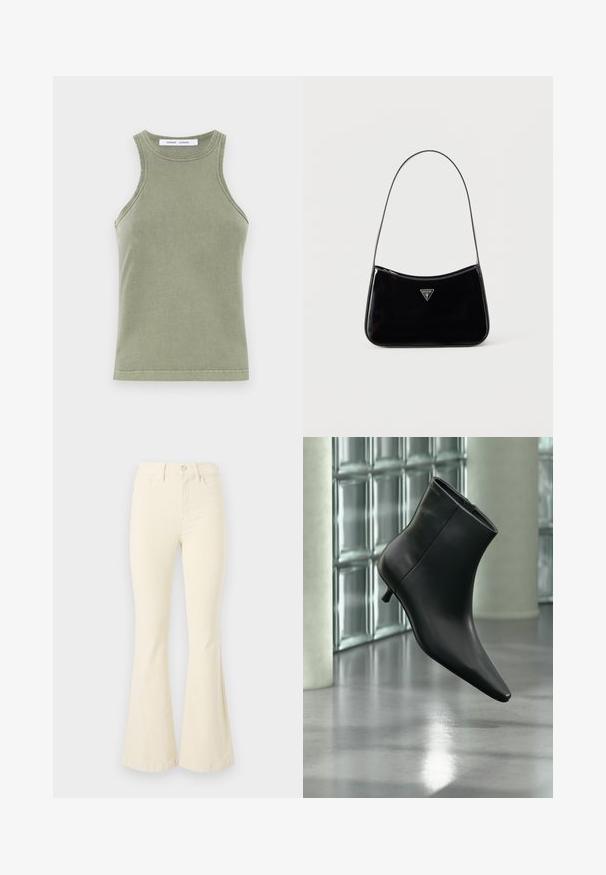 Olivgrünes Tanktop aus weicher Baumwolle, mit Rundhalsausschnitt, ärmellosem Design und genähten Kanten. Schlichte, taillierte Form.; Cremfarbene, ausgestellte Jeans aus Baumwolle mit hoher Taille, Knopfverschluss und klaren Linien ohne sichtbare Muster oder Akzente.; Schwarzer Leder-Stiefelette mit spitzer Zehenpartie und niedrigem Kitten-Heel, schräg dargestellt vor einem polierten Boden und einer Glasbausteinwand.; Schwarze Schultertasche aus Lackleder mit schmalem Riemen, dreieckigem Guess-Logo vorne und einem Reißverschluss oben.