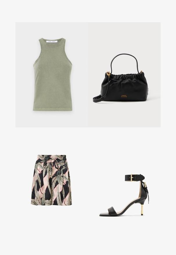 Top sin mangas de color verde oliva, confeccionado en suave algodón, con escote redondo y bordes cosidos. Forma sencilla y ajustada.; Falda con estampado floral sobre un fondo negro, con cintura elástica, detalle de cordón y una textura ligera y suave.; Sándal de tacón de cuero negro con punta cuadrada, correa en el tobillo con hebilla dorada y un tacón metálico esbelto. Textura suave, diseño minimalista.; Bolso de piel negra con parte superior fruncida, una asa corta y una correa de hombro removible. Presenta un acento de logo dorado y una textura suave.