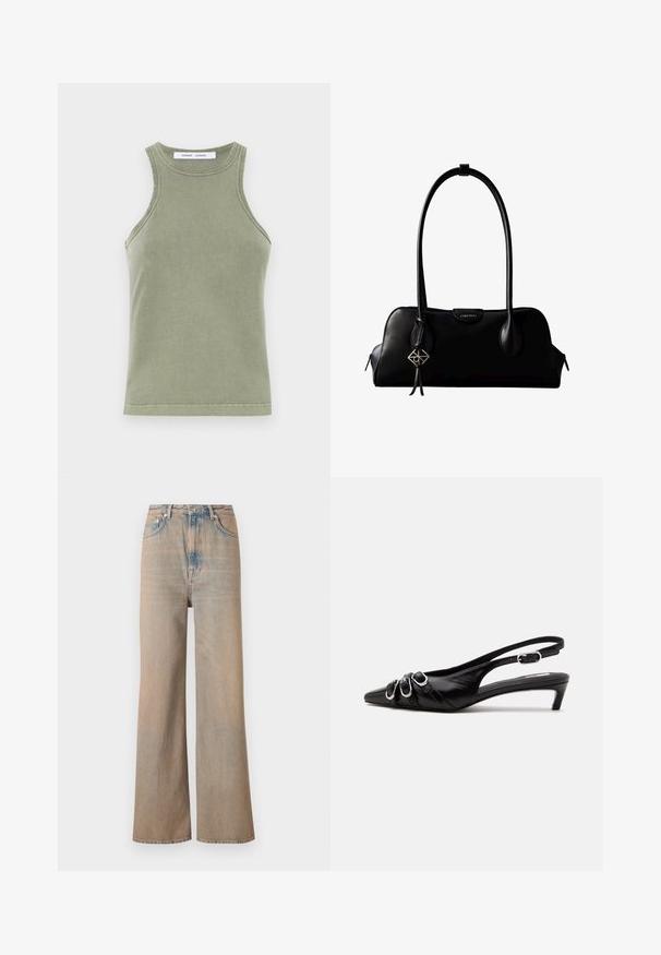 Débardeur vert olive en coton doux, avec un col rond, sans manches et des bords cousus. Forme simple et ajustée.; Jean large en délavé clair à taille haute, en denim. Comprend des coutures discrètes et cinq poches, avec une texture légèrement décolorée.; Chaussure slingback en cuir noir avec bout pointu, trois boucles argentées à l'avant et petit talon kitten sur fond blanc.; Sac à main en cuir noir Calvin Klein avec de longues anses, une étiquette logo à l'avant et un charme géométrique argenté suspendu à une anse.