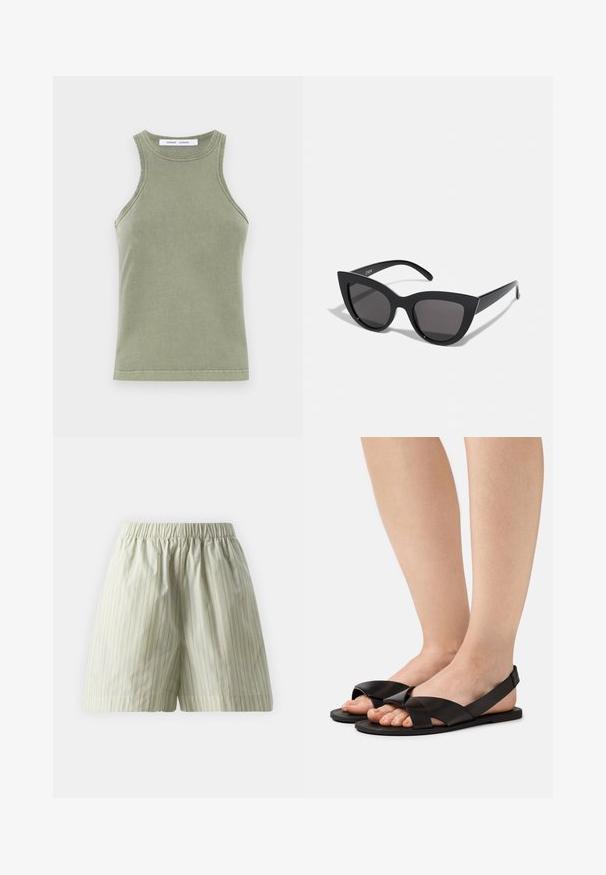 Olivgrünes Tanktop aus weicher Baumwolle, mit Rundhalsausschnitt, ärmellosem Design und genähten Kanten. Schlichte, taillierte Form.; Hellgrüne Baumwollshorts mit vertikalen weißen Streifen, einem elastischen Bund und einem lockeren, bequemen Schnitt. Weiche Textur.; Schwarze flache Sandalen mit überkreuztem Riemendesign, aus glattem synthetischem Material gefertigt. Minimalistischer Stil mit offenem Rücken und flachen Sohlen.; Schwarze Cat-Eye-Sonnenbrille mit matter Oberfläche, grauen getönten Gläsern, scharfen Kanten und schlanken Bügeln. Der Markenname ist auf dem inneren Bügel sichtbar.
