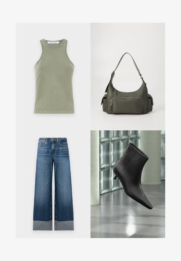 Top sin mangas de color verde oliva, confeccionado en suave algodón, con escote redondo y bordes cosidos. Forma sencilla y ajustada.; Vaqueros de pierna ancha en azul con un degradado de denim oscuro a claro, presentando un dobladillo sin acabar y sutilezas en los detalles de costura. Diseño clásico de cinco bolsillos.; Bota de cuero negro para el tobillo con puntera puntiaguda y tacón pequeño, exhibida frente a una pared de bloques de vidrio y un suelo pulido.; Bolso de hombro de cuero verde con un diseño curvado, bolsillo con cremallera en la parte frontal y bolsillos adicionales en los laterales. Textura suave y hardware minimalista.