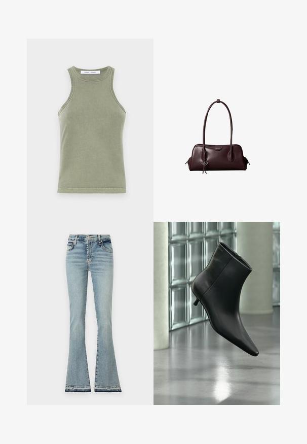 Débardeur vert olive en coton doux, avec un col rond, sans manches et des bords cousus. Forme simple et ajustée.; Jean en denim bleu clair évasés, taille haute, coutures définies et ourlet effiloché. Le matériau paraît doux avec un design classique à cinq poches.; Bottine en cuir noir à bout pointu et petit talon kitten, présentée en angle devant un sol poli et un mur en blocs de verre.; Sac à main en cuir brun foncé Calvin Klein avec de longues poignées doubles et un petit porte-clé logo suspendu à une poignée.