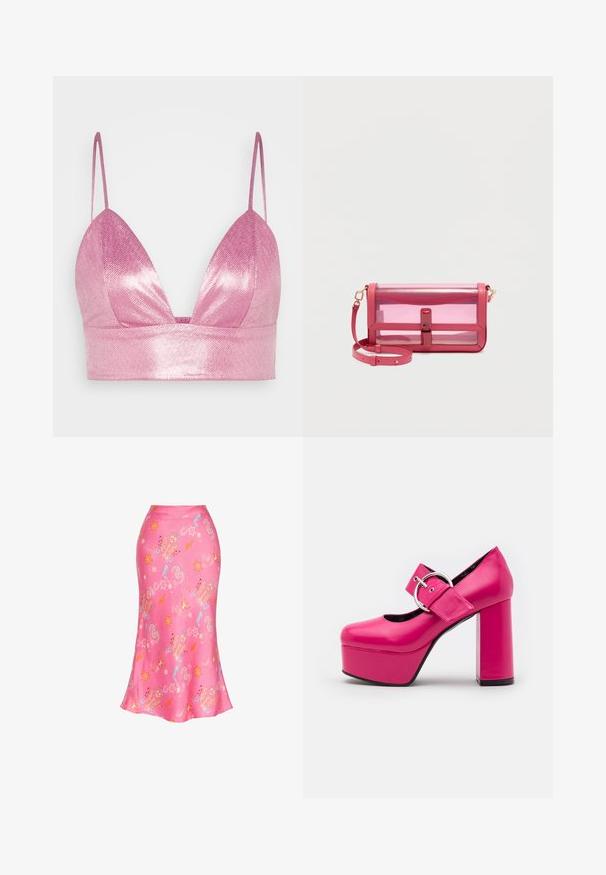 Gina Tricot BRALETTE - Top - pink; Pink satin skirt with colorful abstract patterns including stars, hearts, and shapes, fitted at the waist and flaring slightly at the hem.; LAMODA FORGET ME PLATFORM - High heels - fuchsia; Pink transparent rectangular shoulder bag with a flap closure and adjustable strap, set against a plain light background.