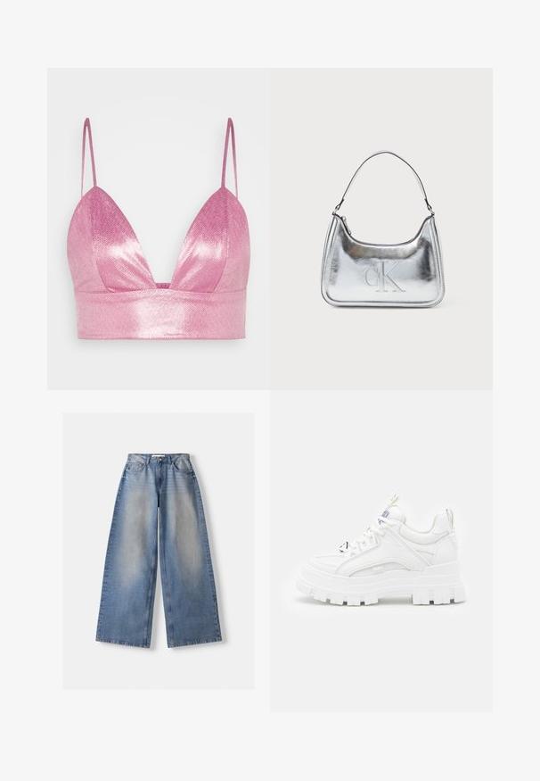 Gina Tricot BRALETTE - Top - pink; Široké modré denimové džínsy s vysokým pásom a vyblednutými detailmi, položené na bielom pozadí.; Biele robustné tenisky s textúrovaným zvrškom, polstrovaným golierom a hrubou, ryhovanou podrážkou. Obsahuje kontrastné čierne šnúrky a detaily s logom.; Strieborná kovová kabelka s krivkovým tvarom, so zipsom a ramenným popruhom. Na prednej strane obsahuje embosované logo "CK".